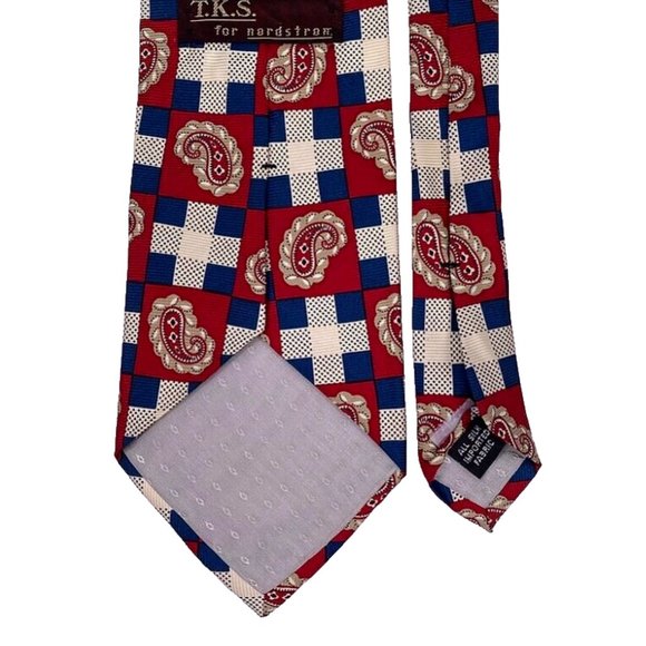 T.K.S. For Nordstrom Tie Silk Red White Blue Paisley Plaid Mens - Picture 3 of 4